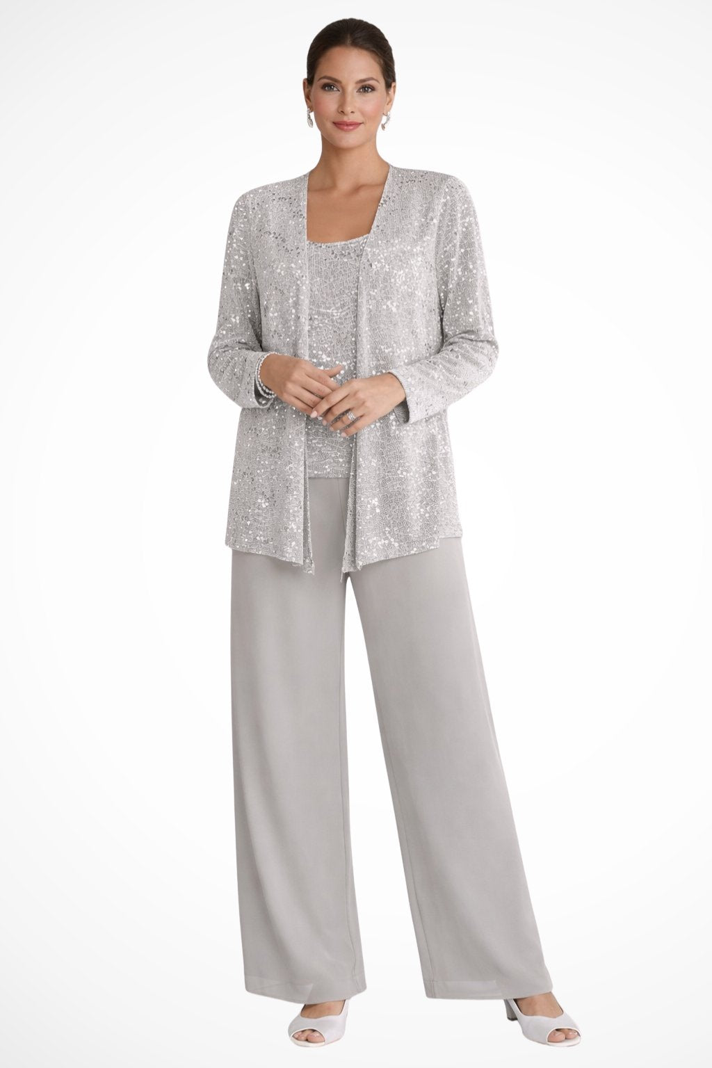 Women's Sequined Wide-Leg Three-Piece Pant Set - Silver