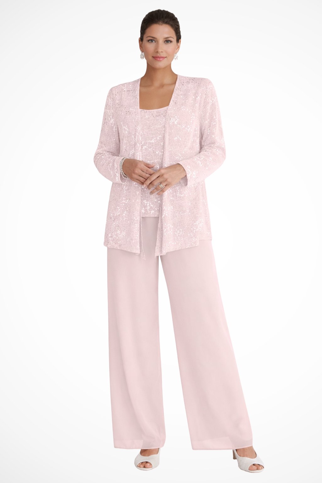 Women's Sequined Wide-Leg Three-Piece Pant Set - Light Pink