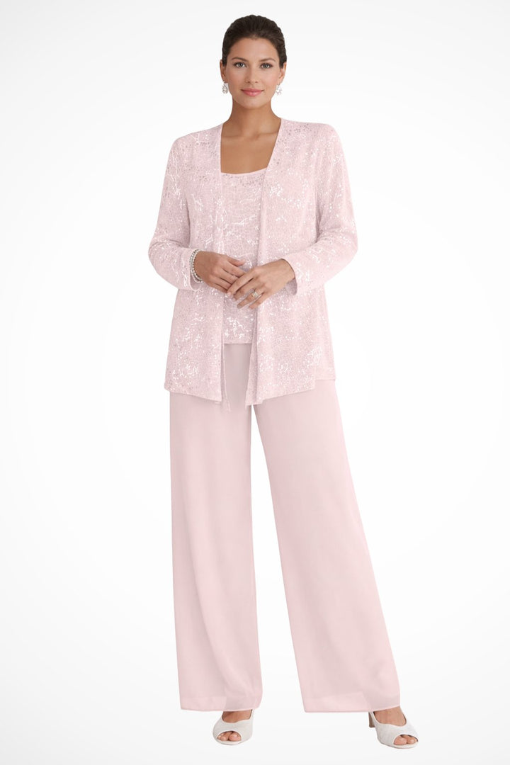 Women's Sequined Wide-Leg Three-Piece Pant Set - Light Pink