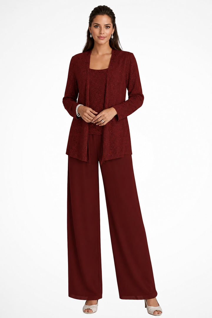 Women's Sequined Wide-Leg Three-Piece Pant Set - Burgundy