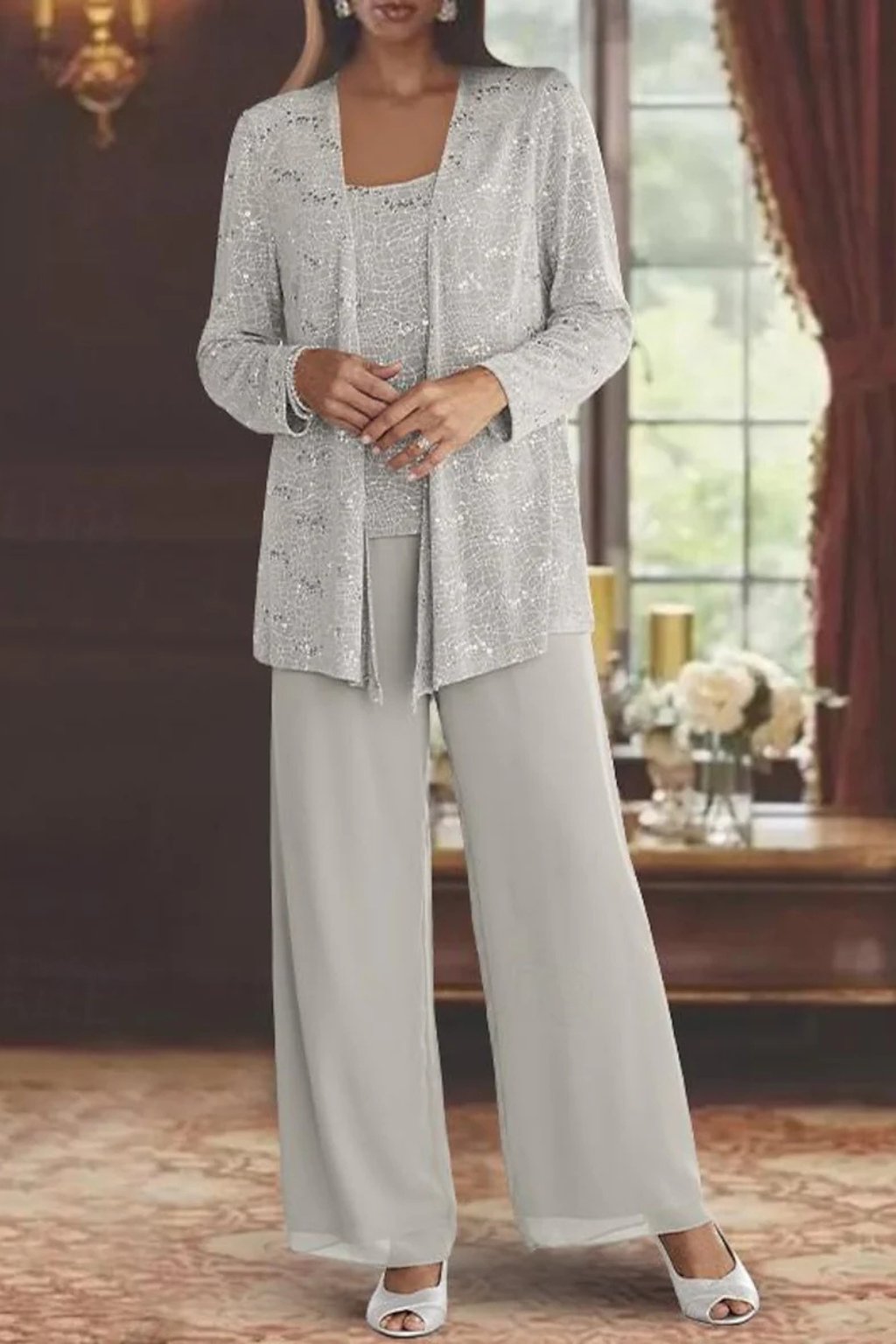 Women's Sequined Wide-Leg Three-Piece Pant Set
