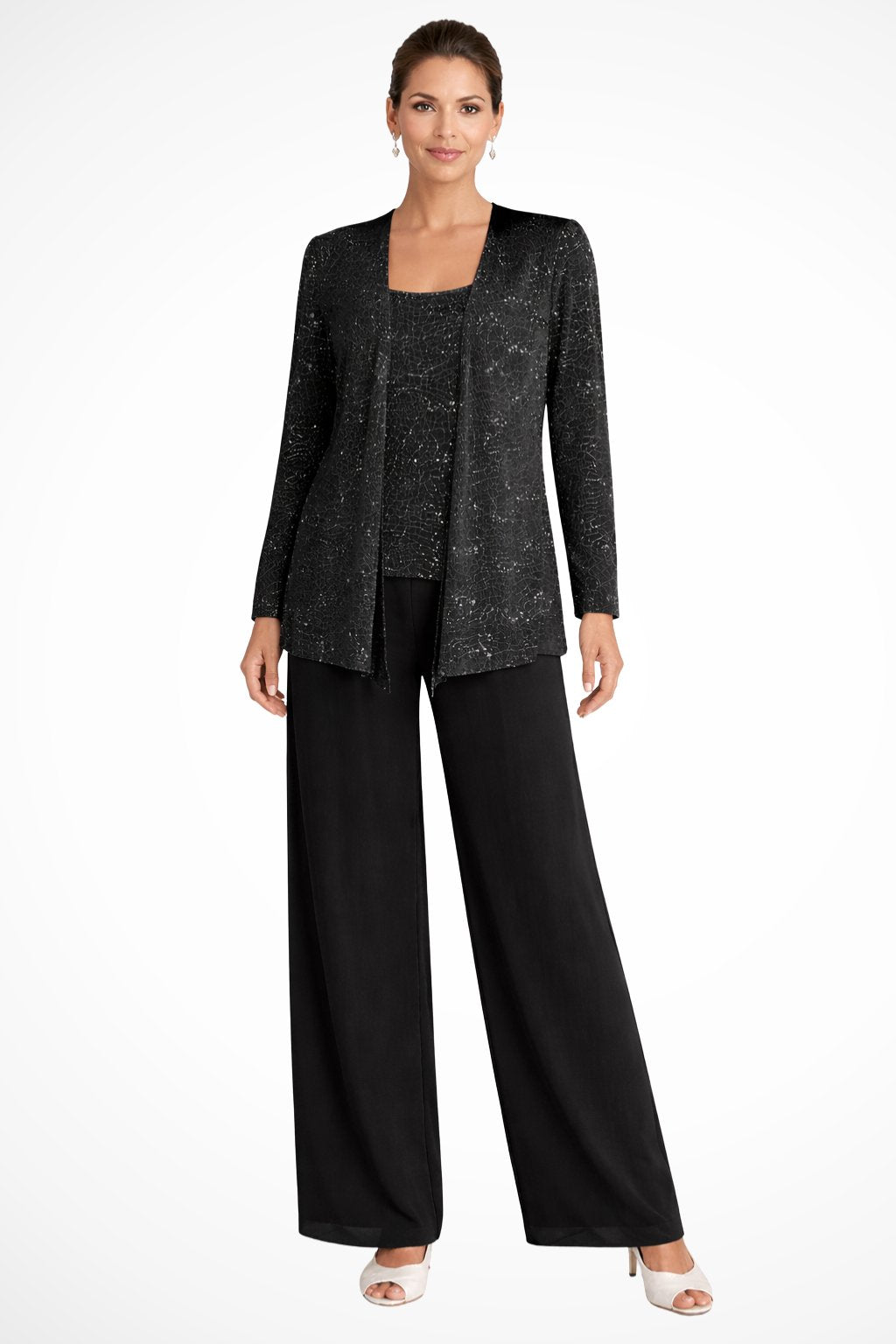 Women's Sequined Wide-Leg Three-Piece Pant Set - Black