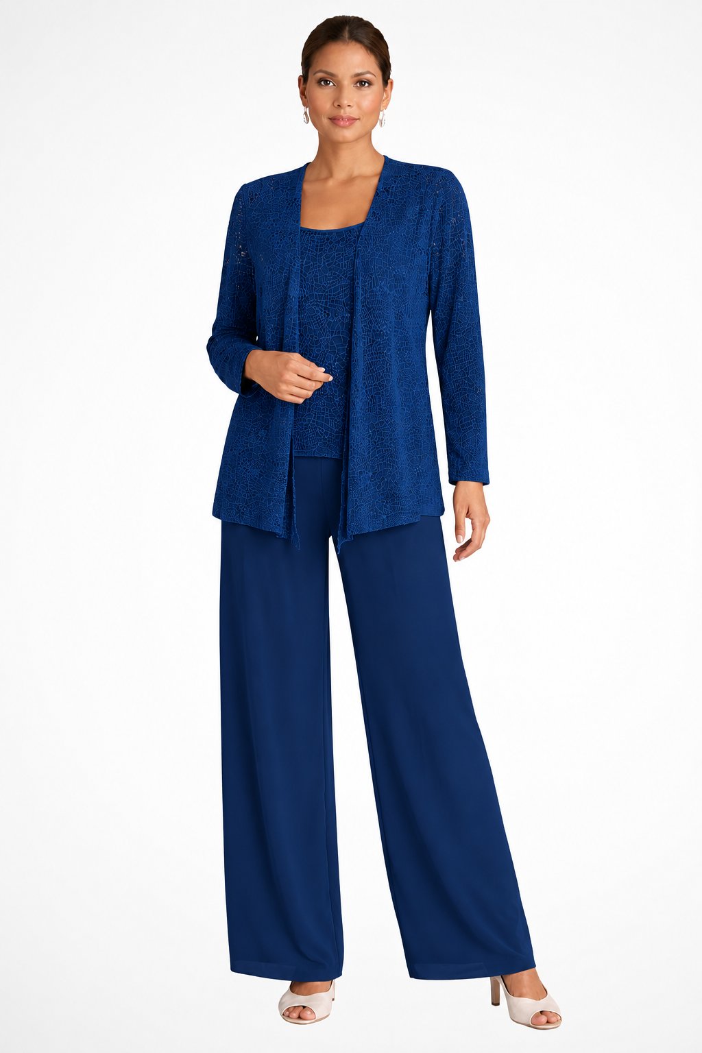 Women's Sequined Wide-Leg Three-Piece Pant Set - Navy Blue