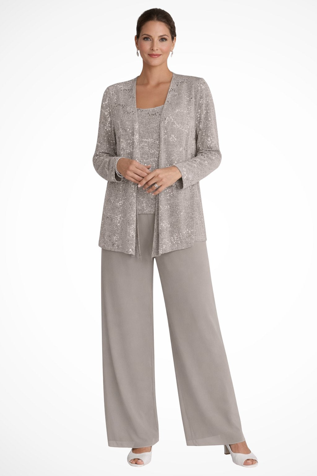 Women's Sequined Wide-Leg Three-Piece Pant Set - Beige