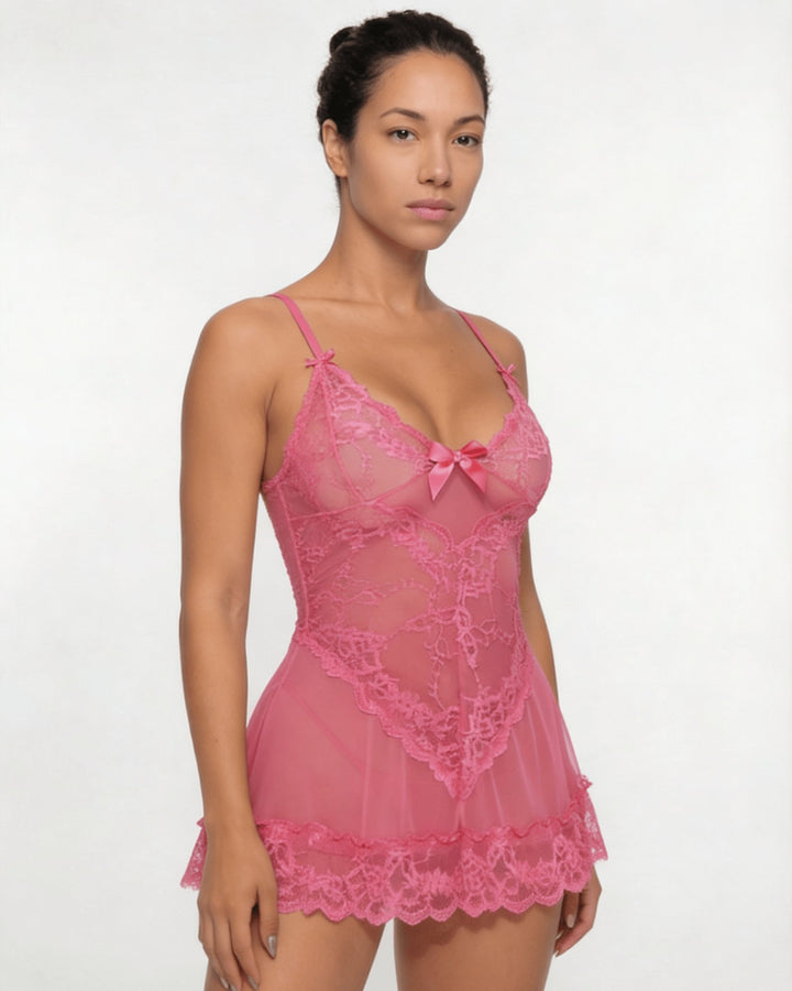 Women's Sheer Mesh Floral Lace Satin Bow Chemise