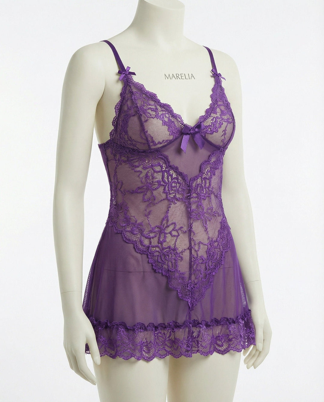 Women's Sheer Mesh Floral Lace Satin Bow Chemise