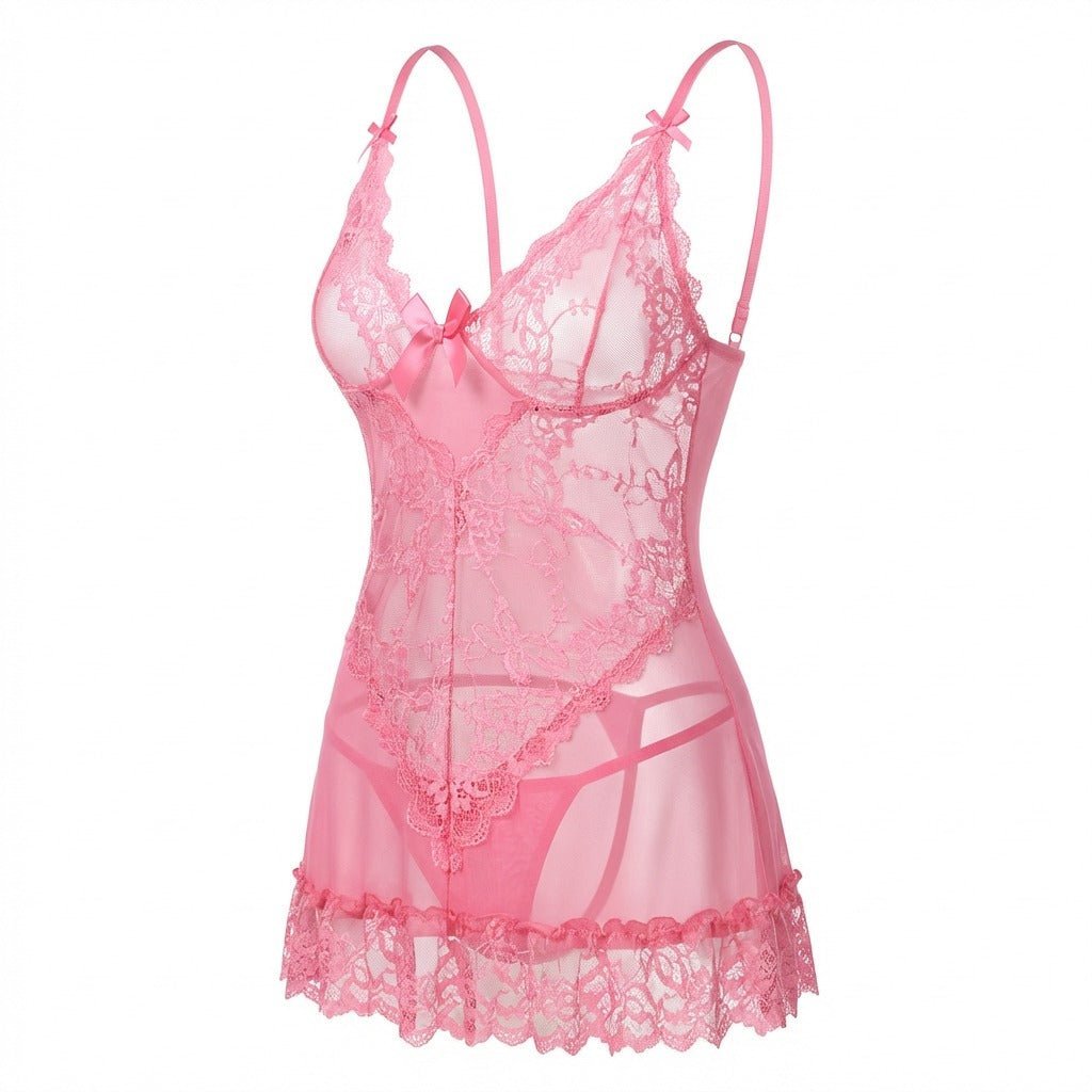 Women's Sheer Mesh Floral Lace Satin Bow Chemise - Pink
