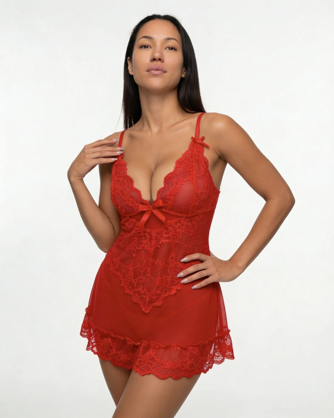 Women's Sheer Mesh Floral Lace Satin Bow Chemise
