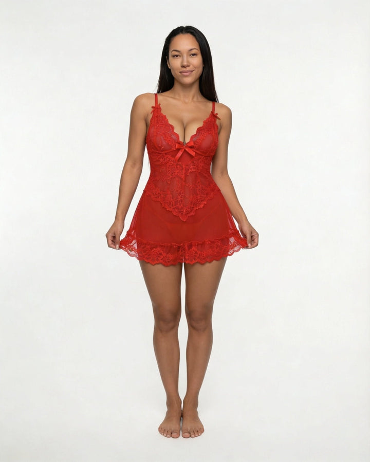Women's Sheer Mesh Floral Lace Satin Bow Chemise
