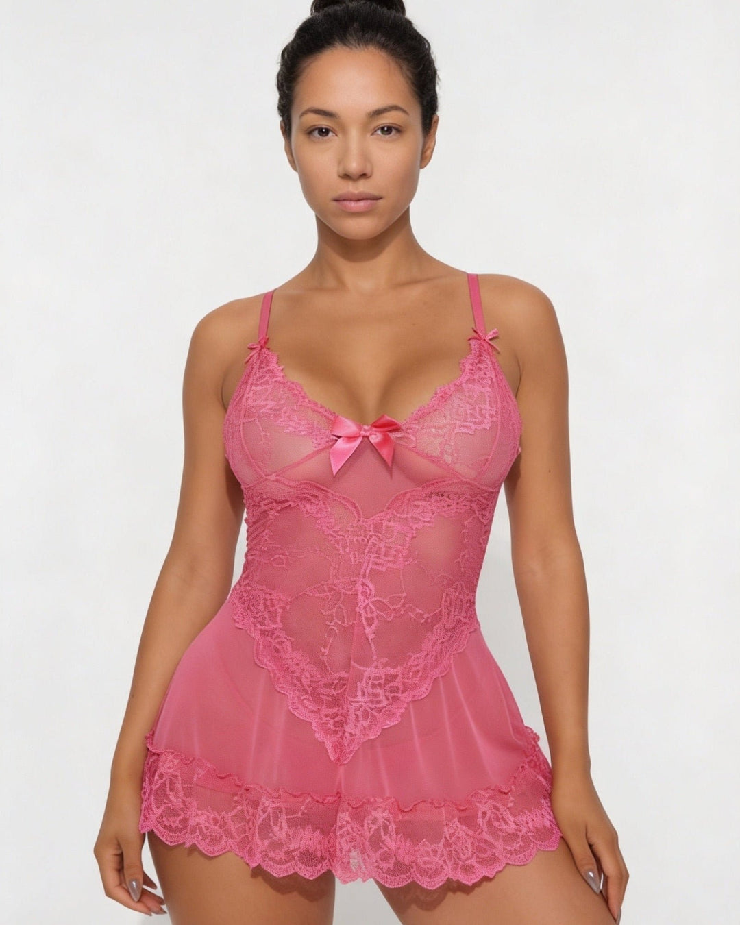 Women's Sheer Mesh Floral Lace Satin Bow Chemise
