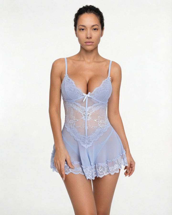 Women's Sheer Mesh Floral Lace Satin Bow Chemise