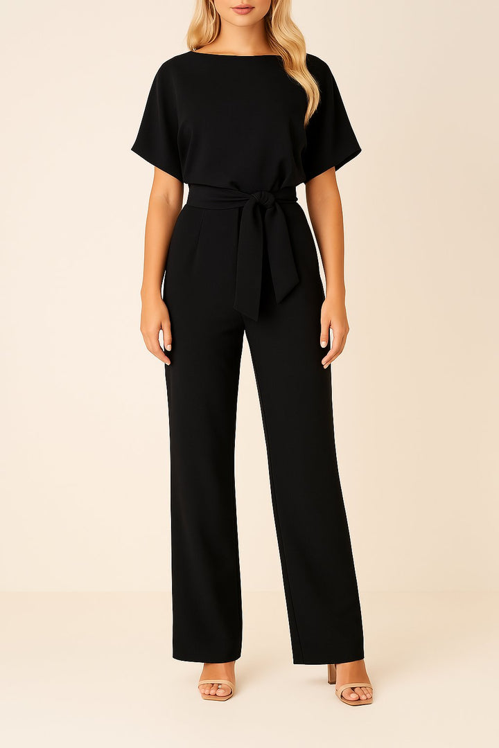 Women's Short-Sleeve Belted Wide-Leg Jumpsuit - Schwarz