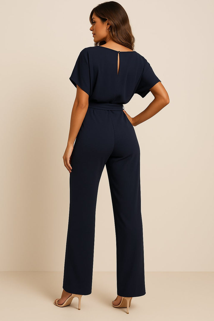 Women's Short-Sleeve Belted Wide-Leg Jumpsuit
