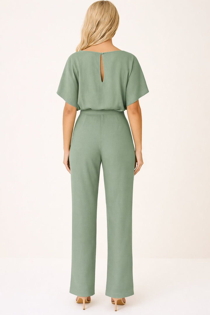 Women's Short-Sleeve Belted Wide-Leg Jumpsuit