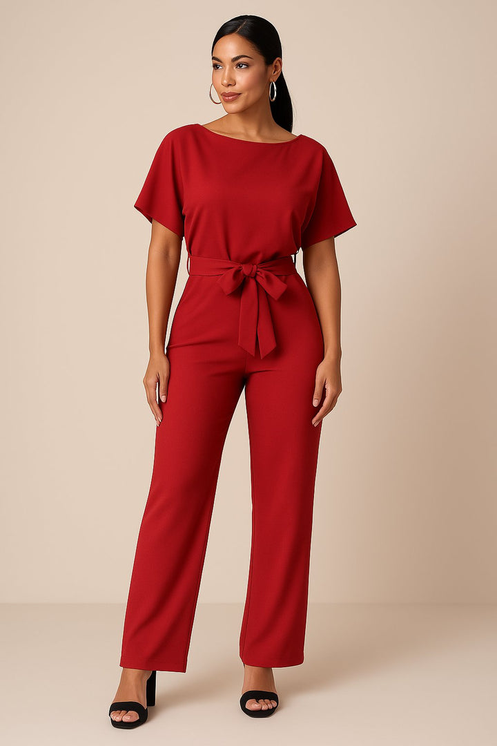 Women's Short-Sleeve Belted Wide-Leg Jumpsuit - Rot