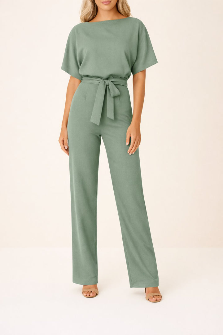 Women's Short-Sleeve Belted Wide-Leg Jumpsuit - Grün