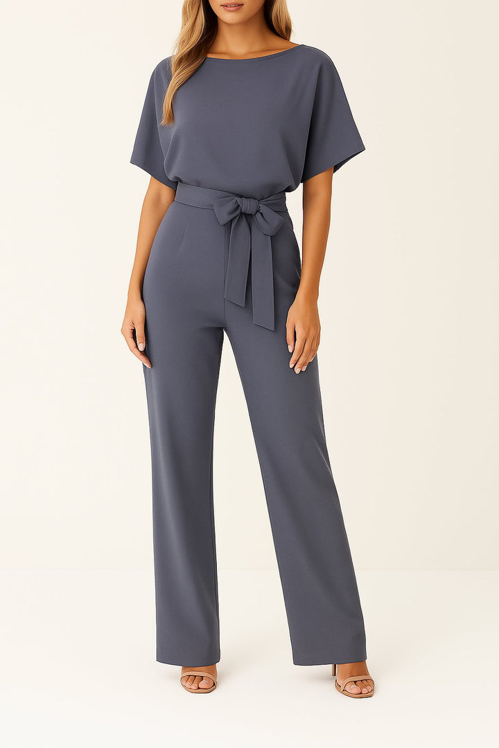 Women's Short-Sleeve Belted Wide-Leg Jumpsuit - Grau