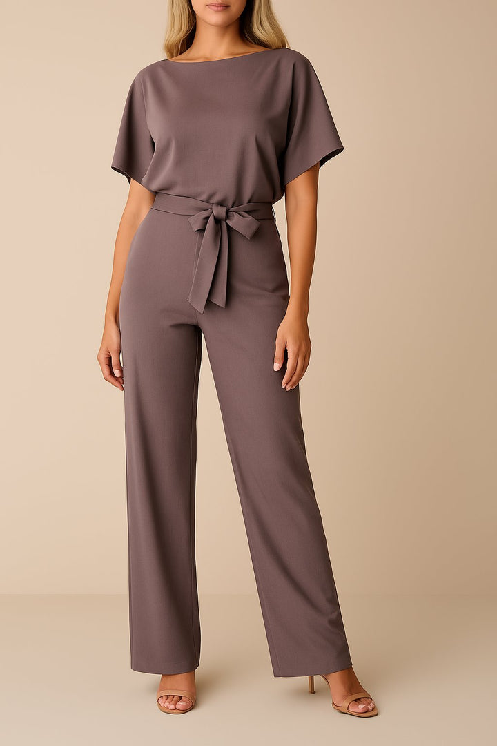 Women's Short-Sleeve Belted Wide-Leg Jumpsuit - Lila