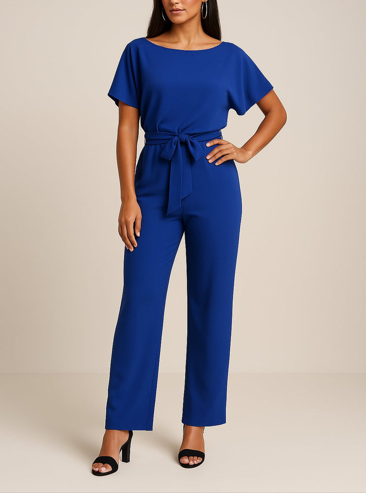 Women's Short-Sleeve Belted Wide-Leg Jumpsuit - Blau