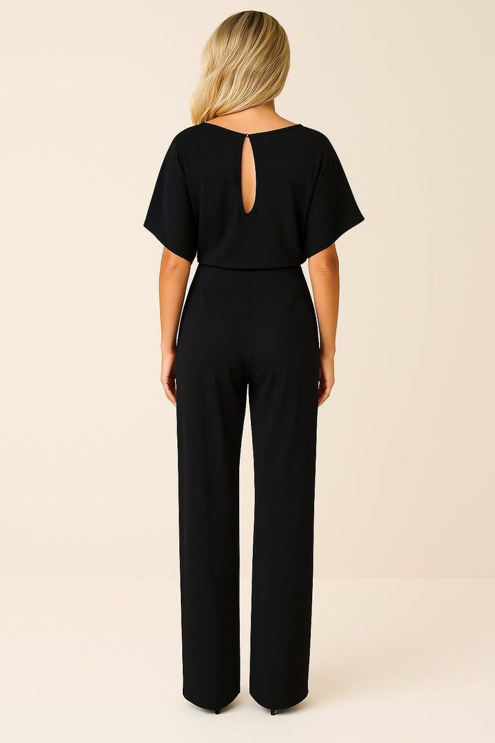 Women's Short-Sleeve Belted Wide-Leg Jumpsuit