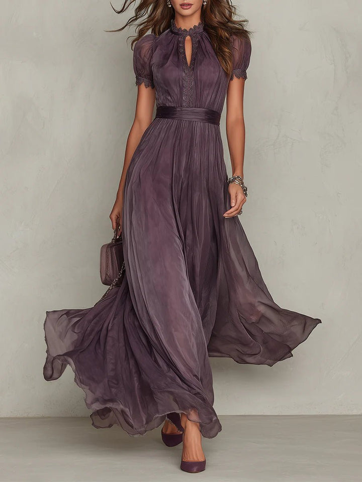 Women's Short Sleeve Keyhole Lace-Trim Chiffon Maxi Dress - Purple