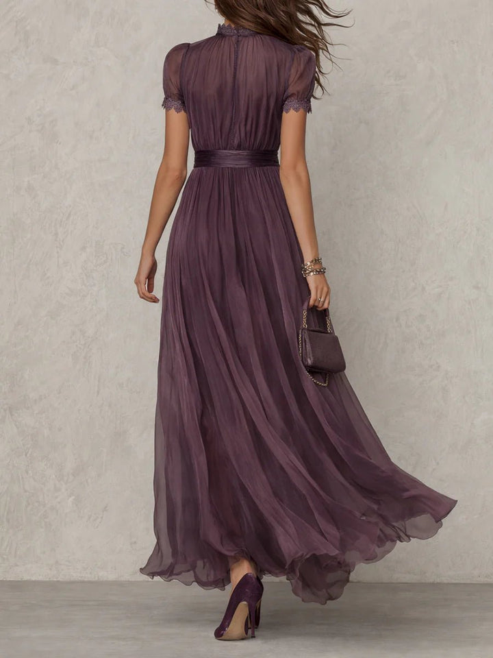 Women's Short Sleeve Keyhole Lace-Trim Chiffon Maxi Dress