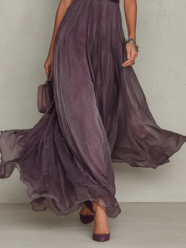 Women's Short Sleeve Keyhole Lace-Trim Chiffon Maxi Dress