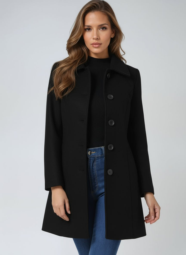 Women's Single-Breasted Lapel-Collar Mid-Length Winter Coat - Black
