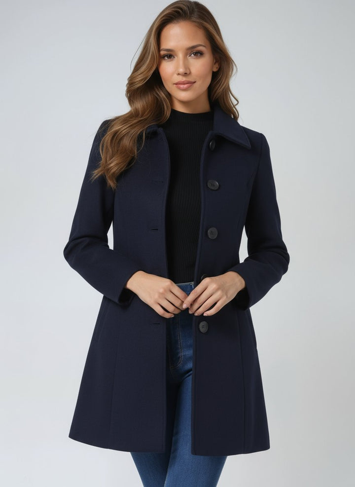 Women's Single-Breasted Lapel-Collar Mid-Length Winter Coat - Dark Blue