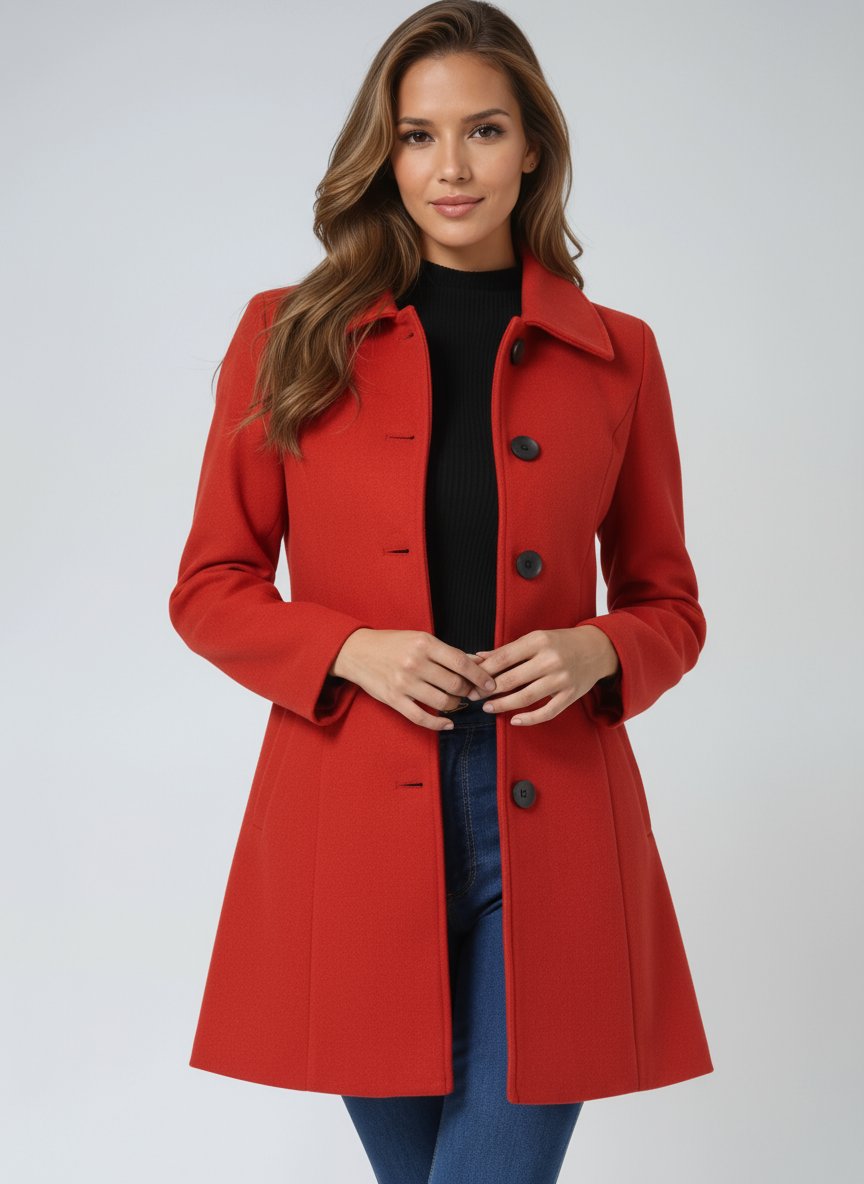 Women's Single-Breasted Lapel-Collar Mid-Length Winter Coat - Red