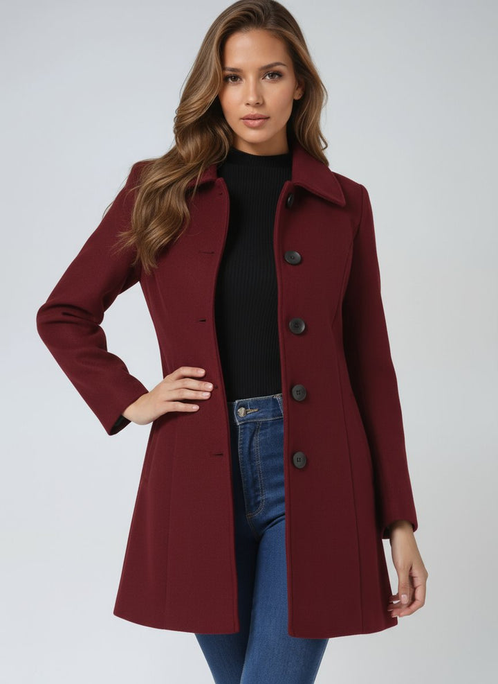 Women's Single-Breasted Lapel-Collar Mid-Length Winter Coat - Dark Red