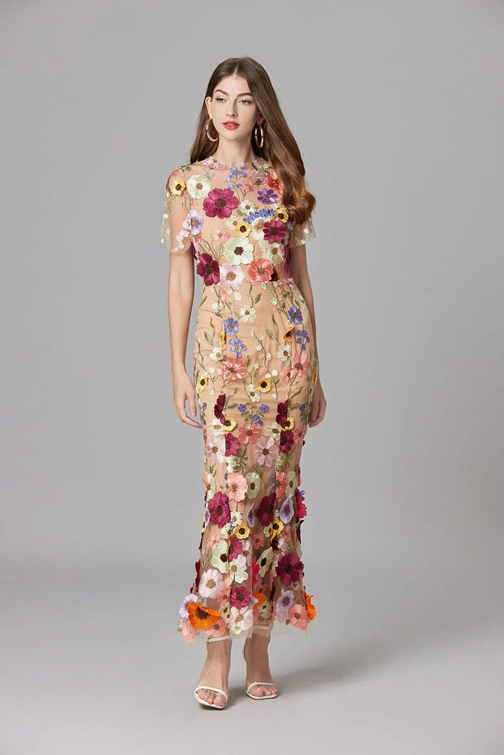 Women's Sleeveless 3D Floral Applique Maxi Dress