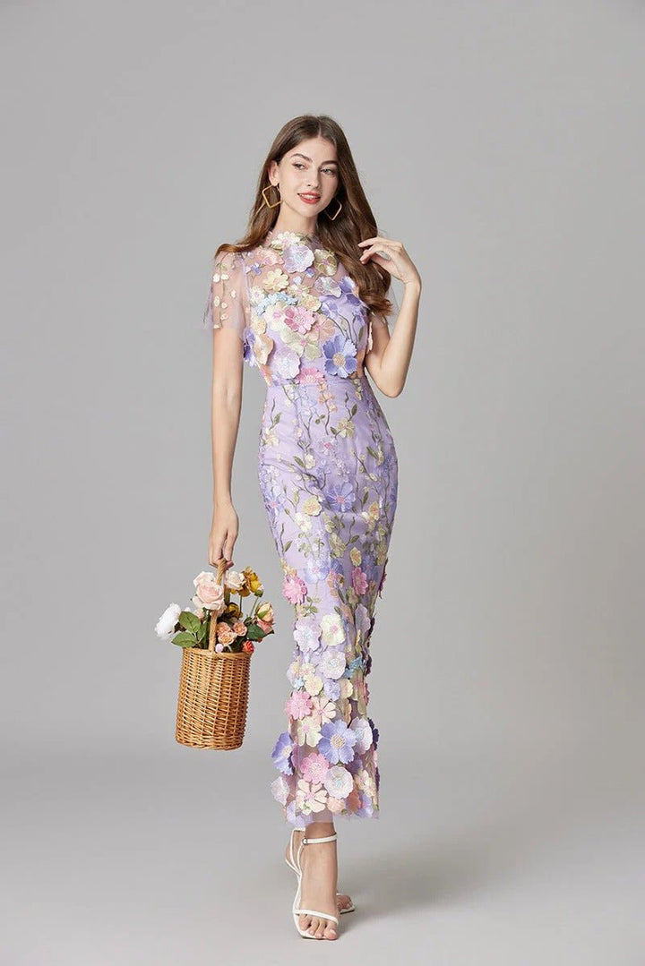 Women's Sleeveless 3D Floral Applique Maxi Dress