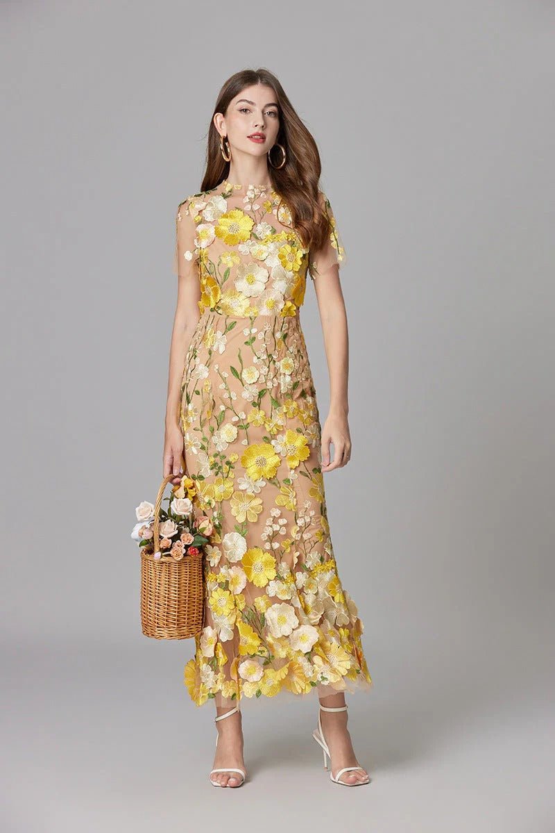 Women's Sleeveless 3D Floral Applique Maxi Dress
