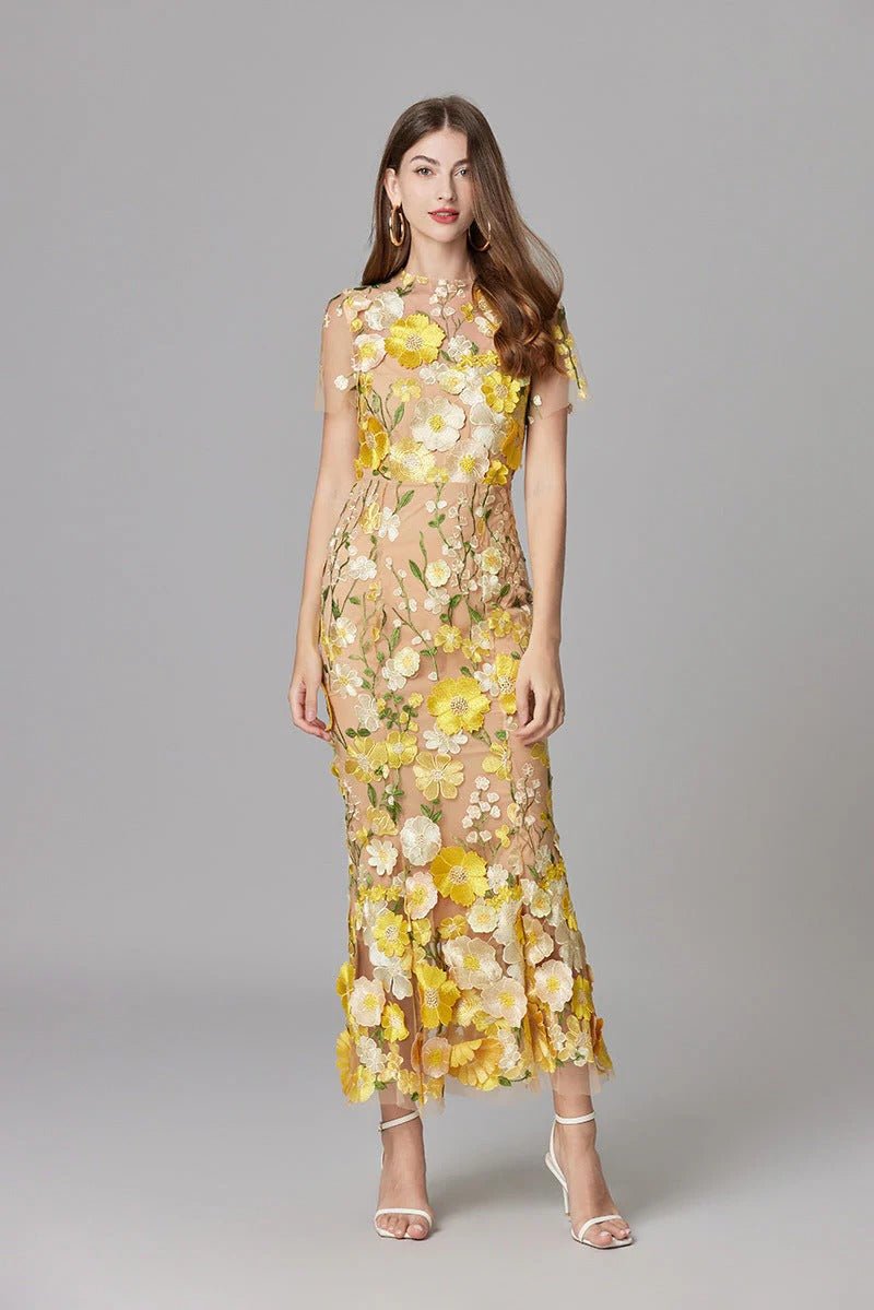 Women's Sleeveless 3D Floral Applique Maxi Dress