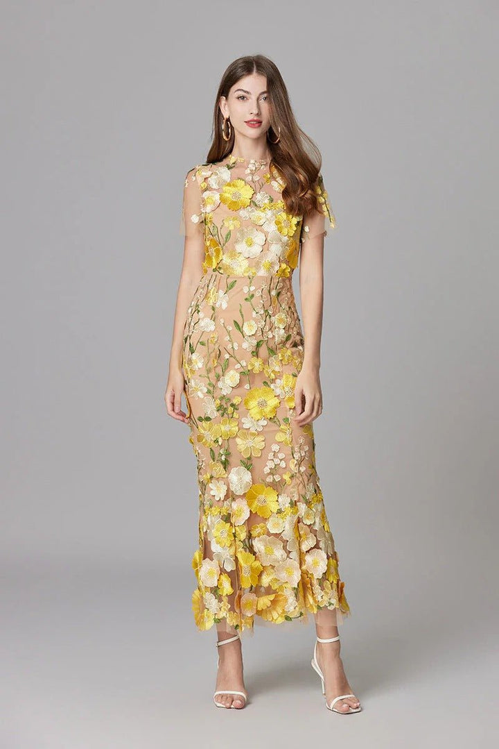 Women's Sleeveless 3D Floral Applique Maxi Dress