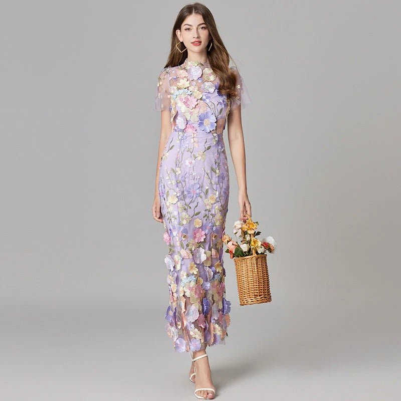 Women's Sleeveless 3D Floral Applique Maxi Dress - Purple