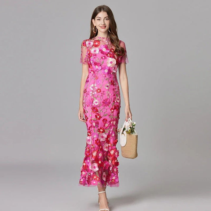 Women's Sleeveless 3D Floral Applique Maxi Dress - Pink