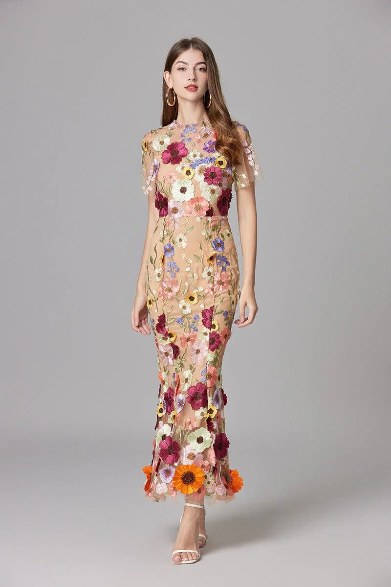 Women's Sleeveless 3D Floral Applique Maxi Dress
