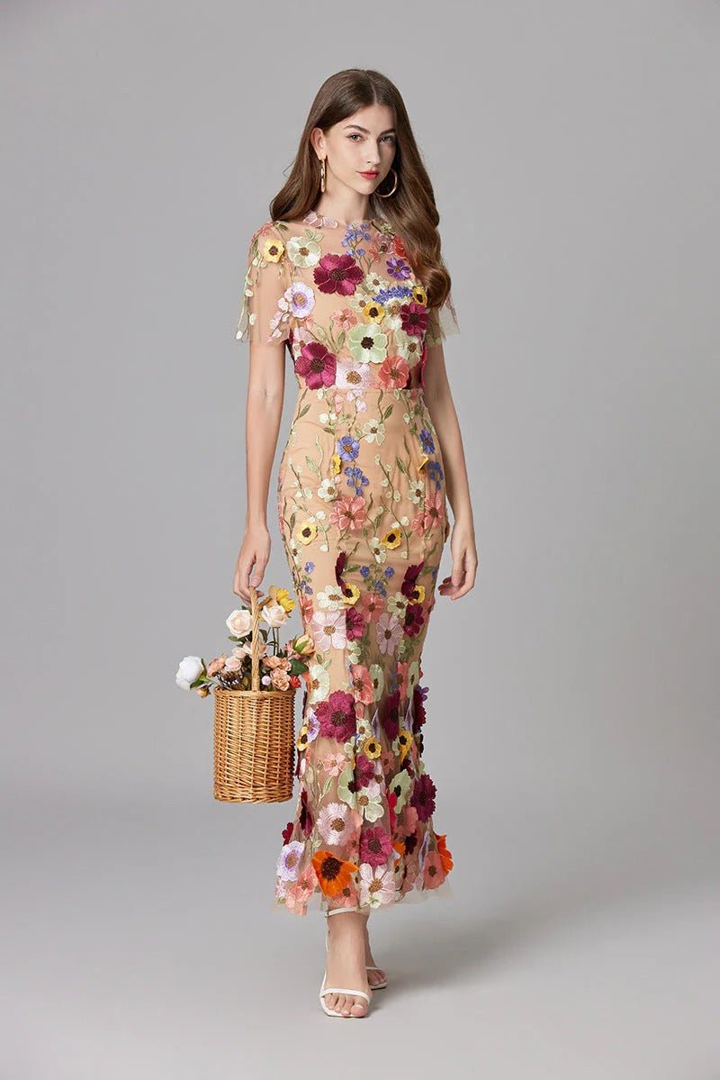 Women's Sleeveless 3D Floral Applique Maxi Dress