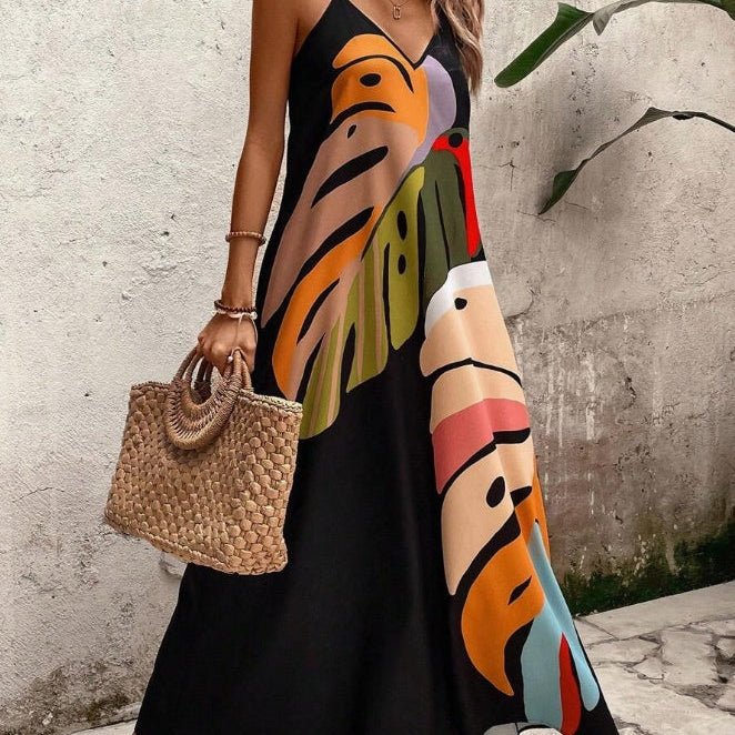 Women's Sleeveless Abstract Leaf Print Maxi Dress - Multicolor