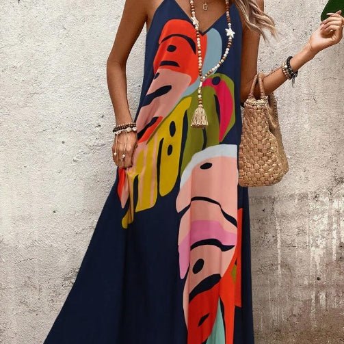Women's Sleeveless Abstract Leaf Print Maxi Dress - Navy Blue