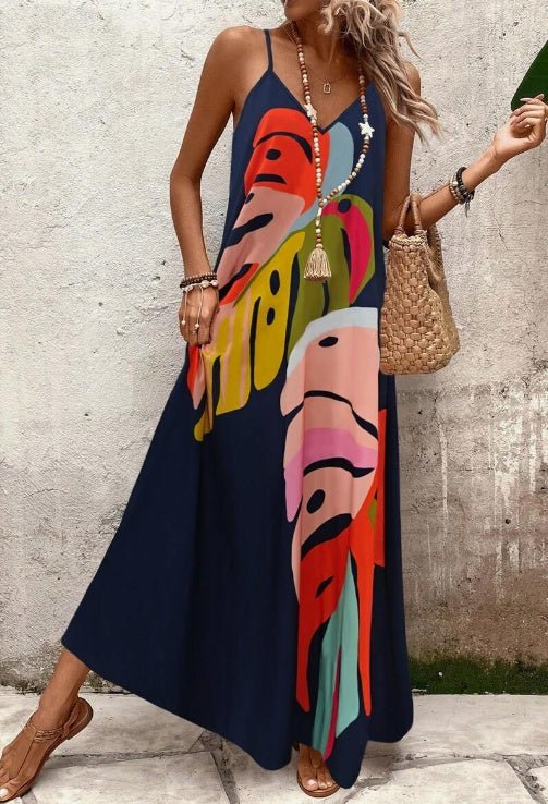 Women's Sleeveless Abstract Leaf Print Maxi Dress