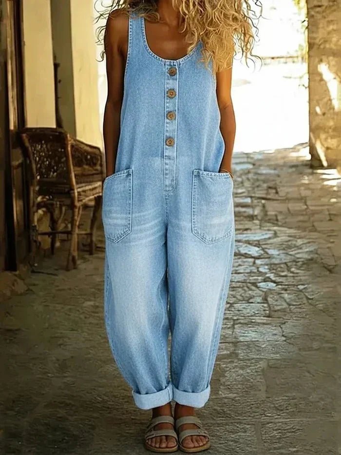 Women's Sleeveless Button-Front Denim Overalls - Light Blue