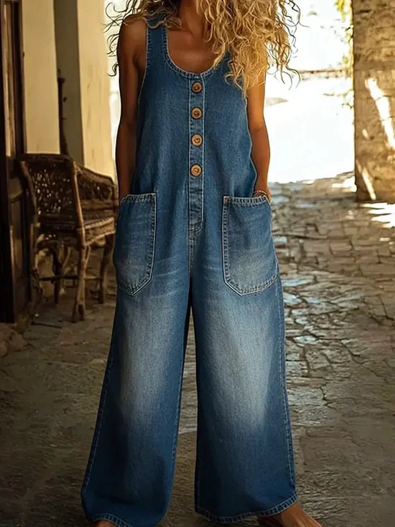 Women's Sleeveless Button-Front Denim Overalls - Blue