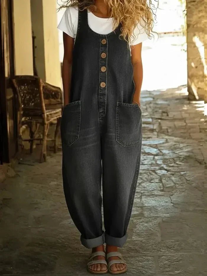 Women's Sleeveless Button-Front Denim Overalls - Black