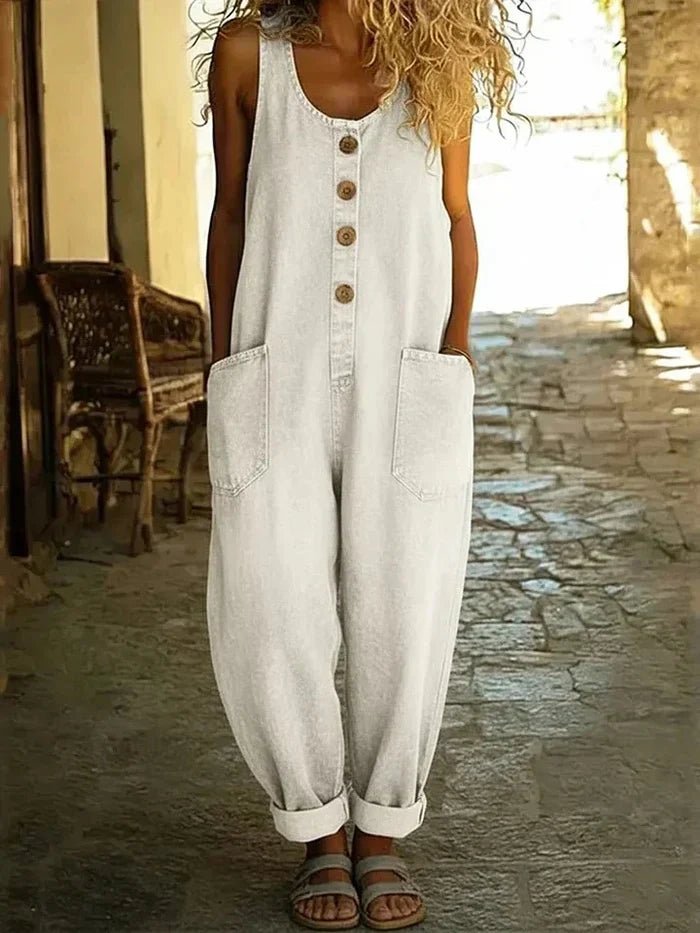 Women's Sleeveless Button-Front Denim Overalls - White