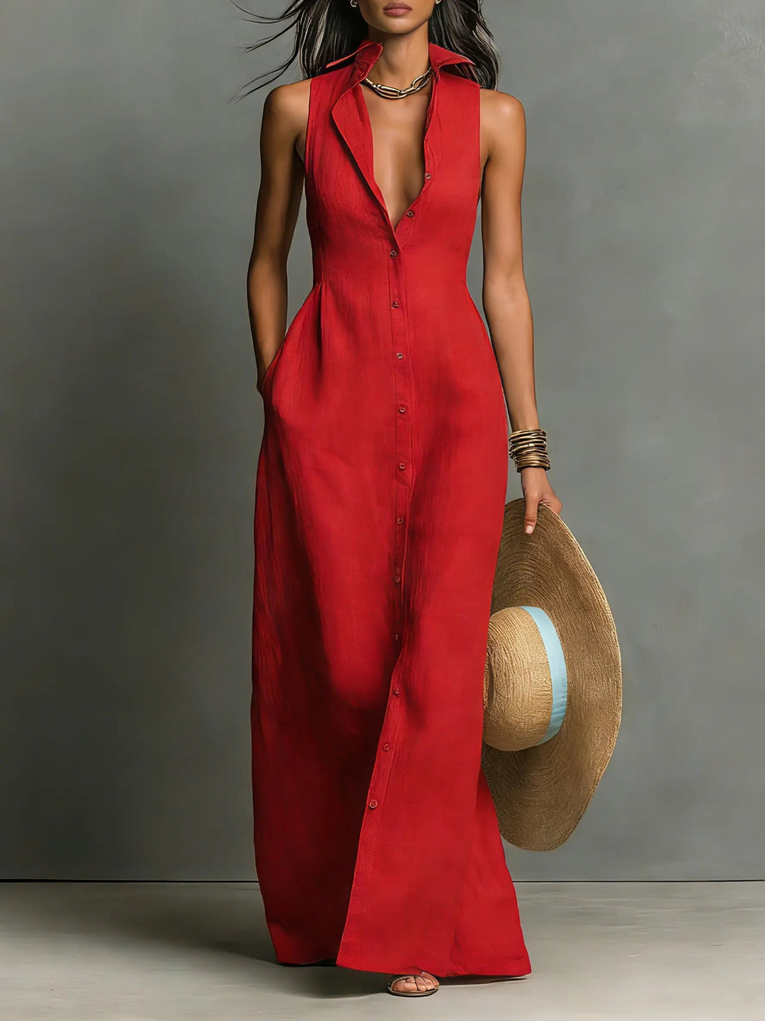Women's Sleeveless Button-Front Linen Maxi Shirt Dress - Red