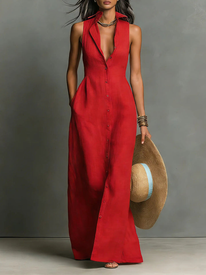Women's Sleeveless Button-Front Linen Maxi Shirt Dress - Red