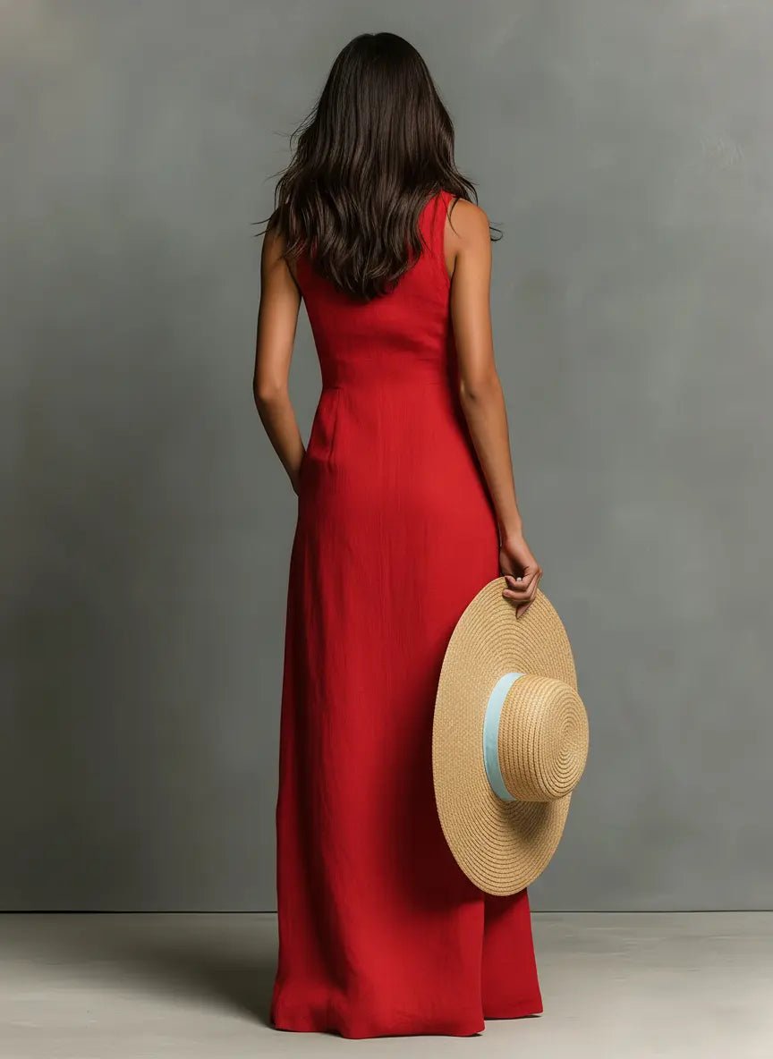 Women's Sleeveless Button-Front Linen Maxi Shirt Dress